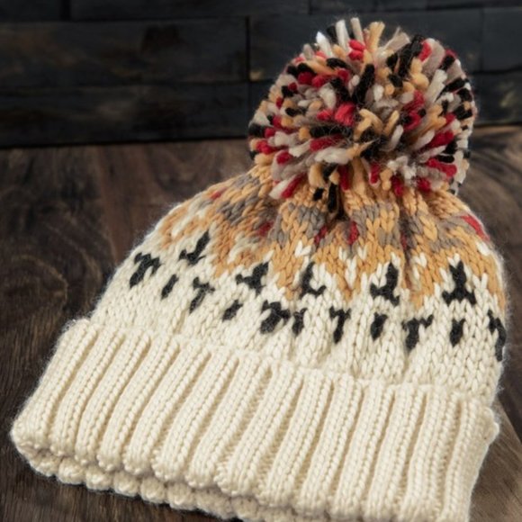 🆕 Cream / Mustard Multicolor Knit Beanie with Cute Multicolor Pom-Pom 🆕 - Picture 4 of 7